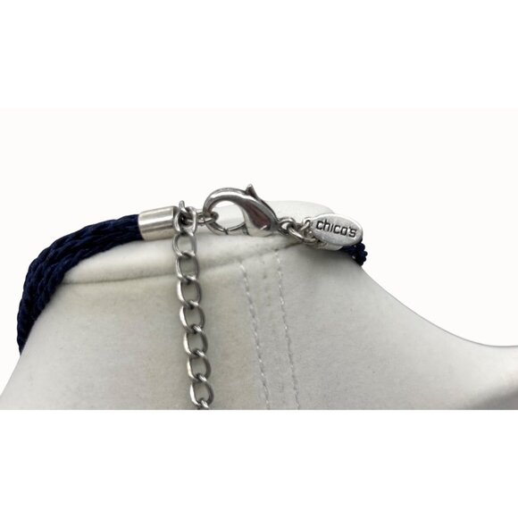 CHICO'S STATEMENT BLUE STONE SILVER CHAIN TASSEL BIB NECKLACE W/ BRAIDED CORD - Picture 5 of 5
